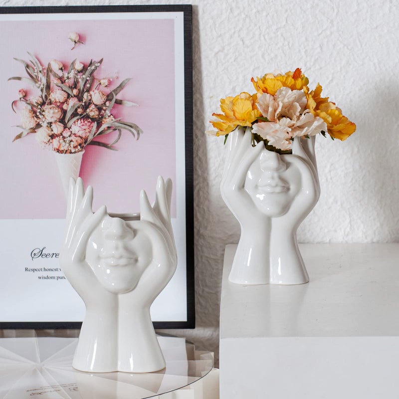 Romehaha Face Flower Vase White Ceramic Body Vase Decorative Vase Table Table Prote Moder - Image 3