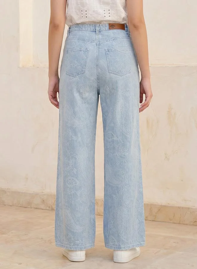Lee Cooper  Lee Cooper Wide Leg High-Rise Jeans with Jacquard Detail for Women | Best Price UAE