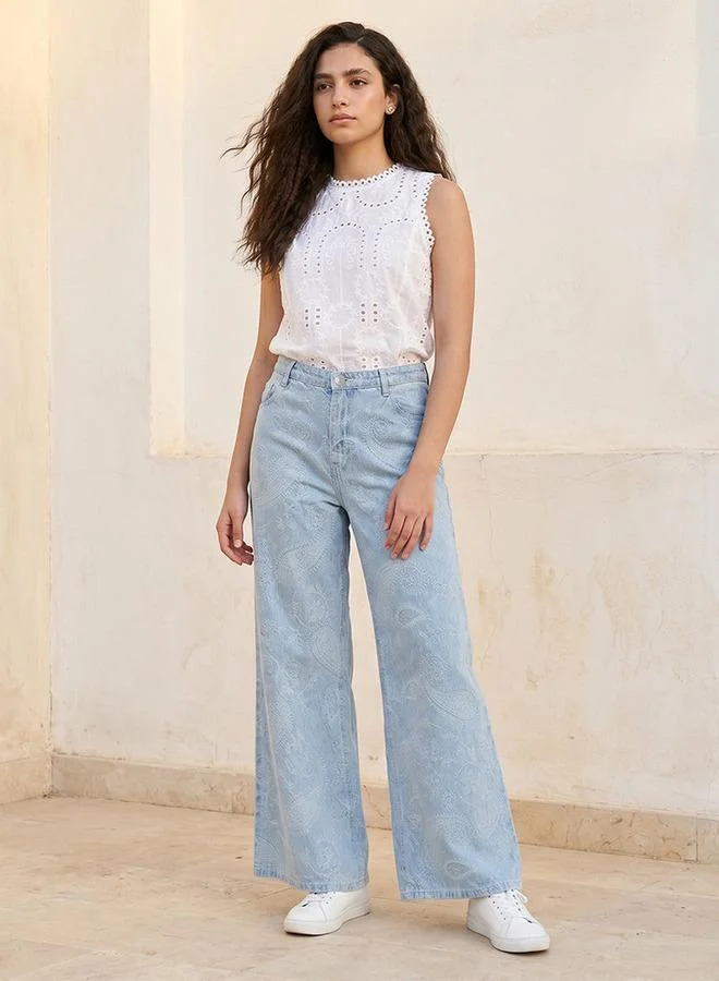 Lee Cooper  Lee Cooper Wide Leg High-Rise Jeans with Jacquard Detail for Women | Best Price UAE