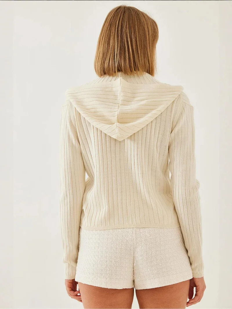 Bianco Lucci LUCCI Hooded Ribbed Knit Cardigan with Zipper