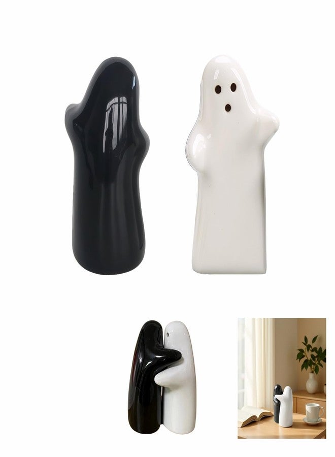 RyanDesign Salt and Pepper Shakers, Ceramic Ghost Design, Black and White Hugging Couple, Wedding Gifts, Kitchen Decor, Halloween, Refillable & Easy Use (Black & White) - Image 1