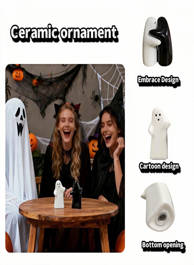 RyanDesign Salt and Pepper Shakers, Ceramic Ghost Design, Black and White Hugging Couple, Wedding Gifts, Kitchen Decor, Halloween, Refillable & Easy Use (Black & White) - Image 5