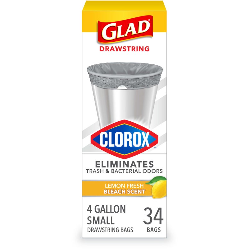 Glad Small Drawstring Trash Bags with Clorox, 4 Gal, Lemon Fresh Bleach, 34 Ct (Package May Vary) - Image 1