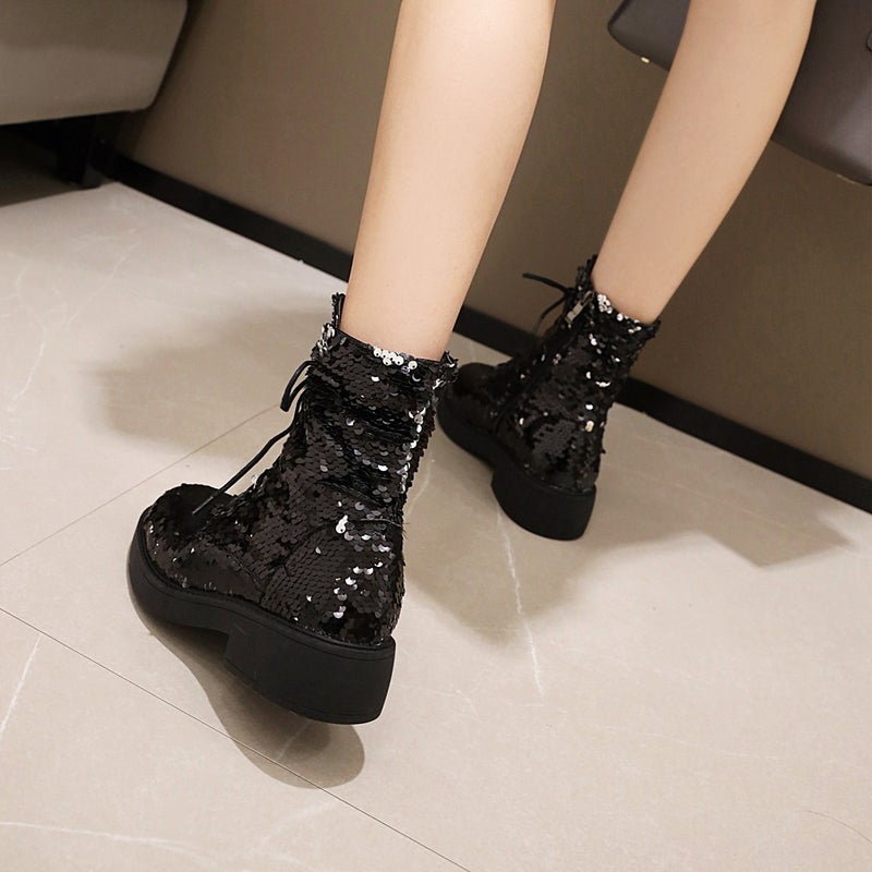 Casual Low Heel 33-43 Plus Size Sequin Side Zipper Strap Low Boots For Women - Image 5