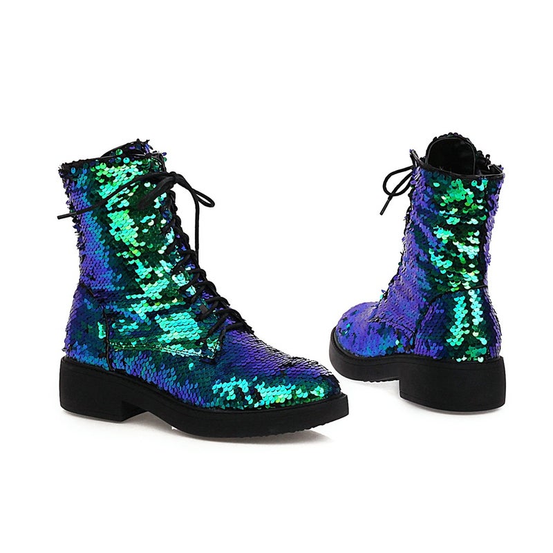 Casual Low Heel 33-43 Plus Size Sequin Side Zipper Strap Low Boots For Women - Image 1