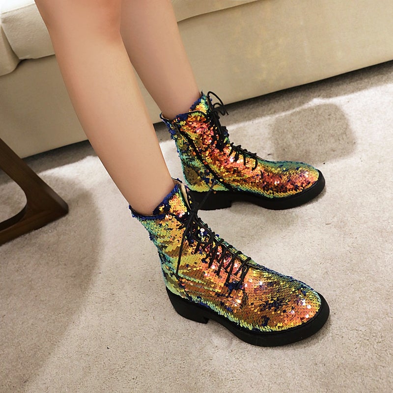 Casual Low Heel 33-43 Plus Size Sequin Side Zipper Strap Low Boots For Women - Image 3