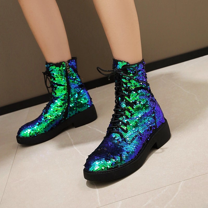 Casual Low Heel 33-43 Plus Size Sequin Side Zipper Strap Low Boots For Women - Image 2