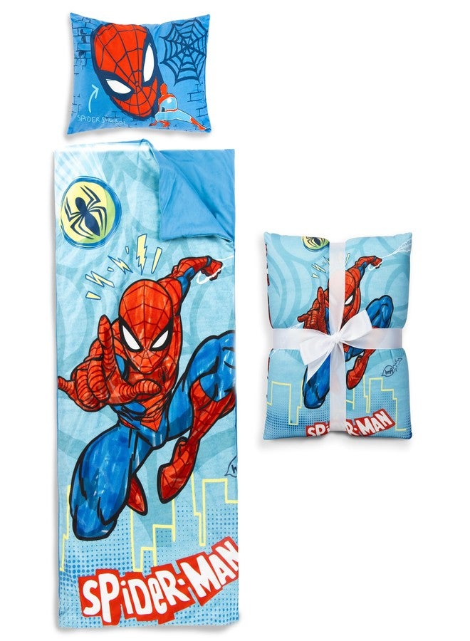 جاي فرانكو كيس نوم ووسادة للأطفال من جاي فرانكو - كيس نوم داخلي مريح مقاس 54 × 27 بوصة للمدرسة وليالي المبيت، طقم من قطعتين، أزرق - سبايدرمان - Image 1