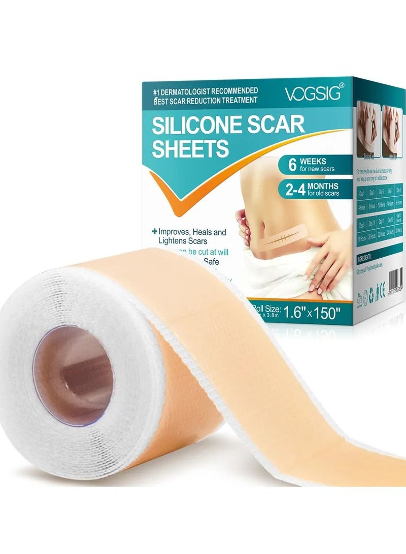VOGSIG Silicone Scar Sheets 3.8m Medical Silicone Scar Tape Roll Easy Tear Soft Silicone Tape for Scars Removal Reusable Painless Silicone Sheets for Surgery Scars C Section Burn Keloid - Image 1