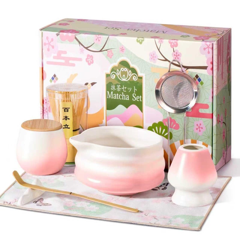 aibound Matcha Whisk Set, Pink Matcha Kit, 8 Pcs Matcha Set Includes Matcha Bowl with Spout, Matcha Whisk and Holder, Ceramic Tea Caddy, Bamboo Scoop, Scoop Rest, Sifter and Tea Towel, Gift for Tea Lover - Image 1