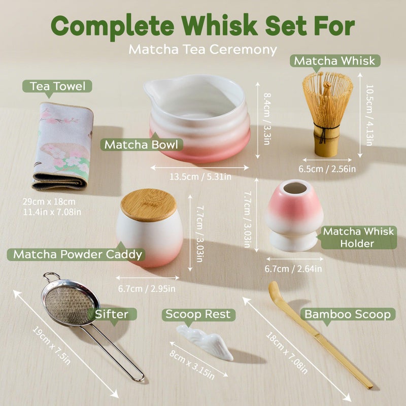 aibound Matcha Whisk Set, Pink Matcha Kit, 8 Pcs Matcha Set Includes Matcha Bowl with Spout, Matcha Whisk and Holder, Ceramic Tea Caddy, Bamboo Scoop, Scoop Rest, Sifter and Tea Towel, Gift for Tea Lover - Image 4