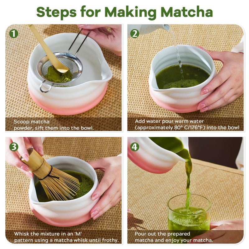 aibound Matcha Whisk Set, Pink Matcha Kit, 8 Pcs Matcha Set Includes Matcha Bowl with Spout, Matcha Whisk and Holder, Ceramic Tea Caddy, Bamboo Scoop, Scoop Rest, Sifter and Tea Towel, Gift for Tea Lover - Image 5