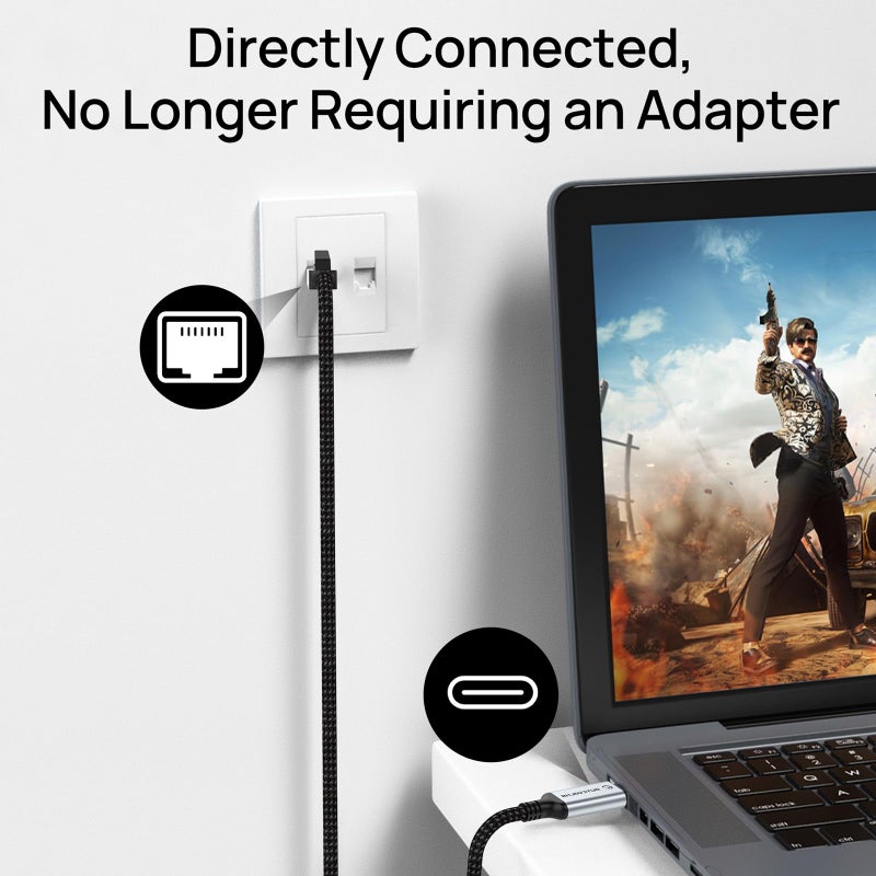 Dutevolns كابل Dutevolns USB C إلى Ethernet بطول 10 قدم، كابل نايلون من نوع C إلى RJ45، متصل مباشرة بسرعة جيجابت، متوافق مع MacBook Pro و iPad Pro و الهواتف الذكية و اللابتوب و الكمبيوتر الشخصي - Image 2