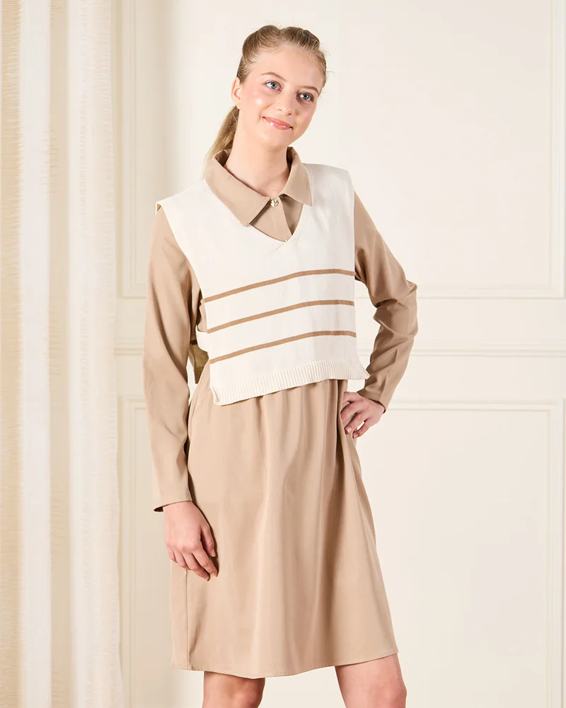 Redtag Senior Girls Brown And Cream Striped Twofer Dress