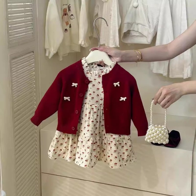 Cream Childrens Wear Girls Early Autumn New Red Bow Cardigan Floral Skirt Set Baby Spring Autumn Winter Trend Suit