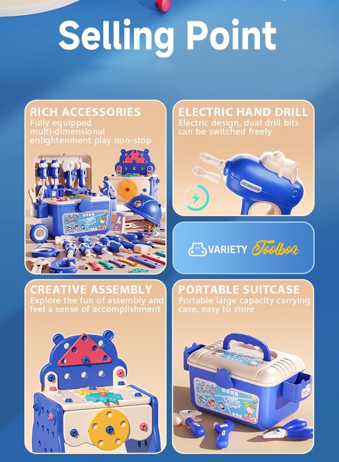 218-Piece Kids Repair Tool Box,Cartoon Hippopotamus Theme Toolbox,Kids Tool Set Pretend Play Disassembly,Creative Construction Engineering Building Block Games with Toy Drill and Screwdriver Tool Se - Image 4