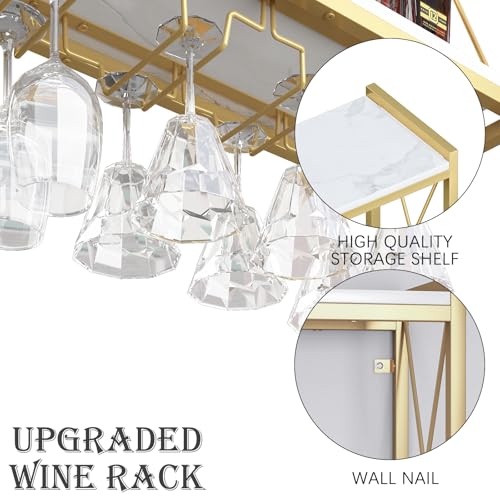 Dosker Dokser Wine Rack Wall Mounted Shelf - 2 Tier, Rustic Wood & Industrial Iron Frame Wine Bottle Holder for Kitchen, Dining Room, Home Bar Decor (Gold) - Image 2