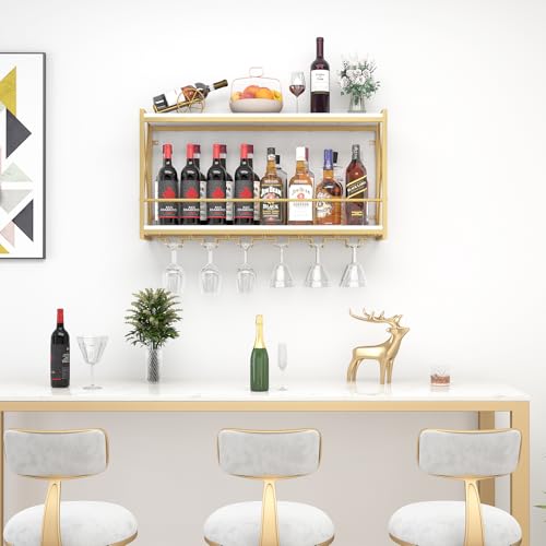Dosker Dokser Wine Rack Wall Mounted Shelf - 2 Tier, Rustic Wood & Industrial Iron Frame Wine Bottle Holder for Kitchen, Dining Room, Home Bar Decor (Gold) - Image 5