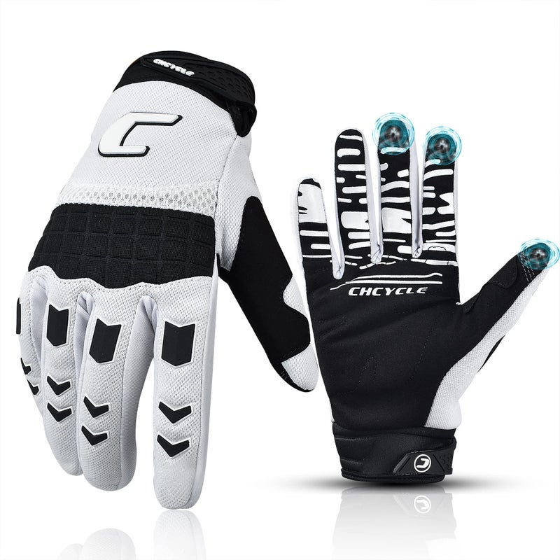 CHCYCLE Dirt Bike Gloves Mountain Bike Motocross Motorcycle Gloves for Men Motorbike ATV Racing Touch Screen Full Finger Glove for Cycling BMX MTB MX Climbing Medium White