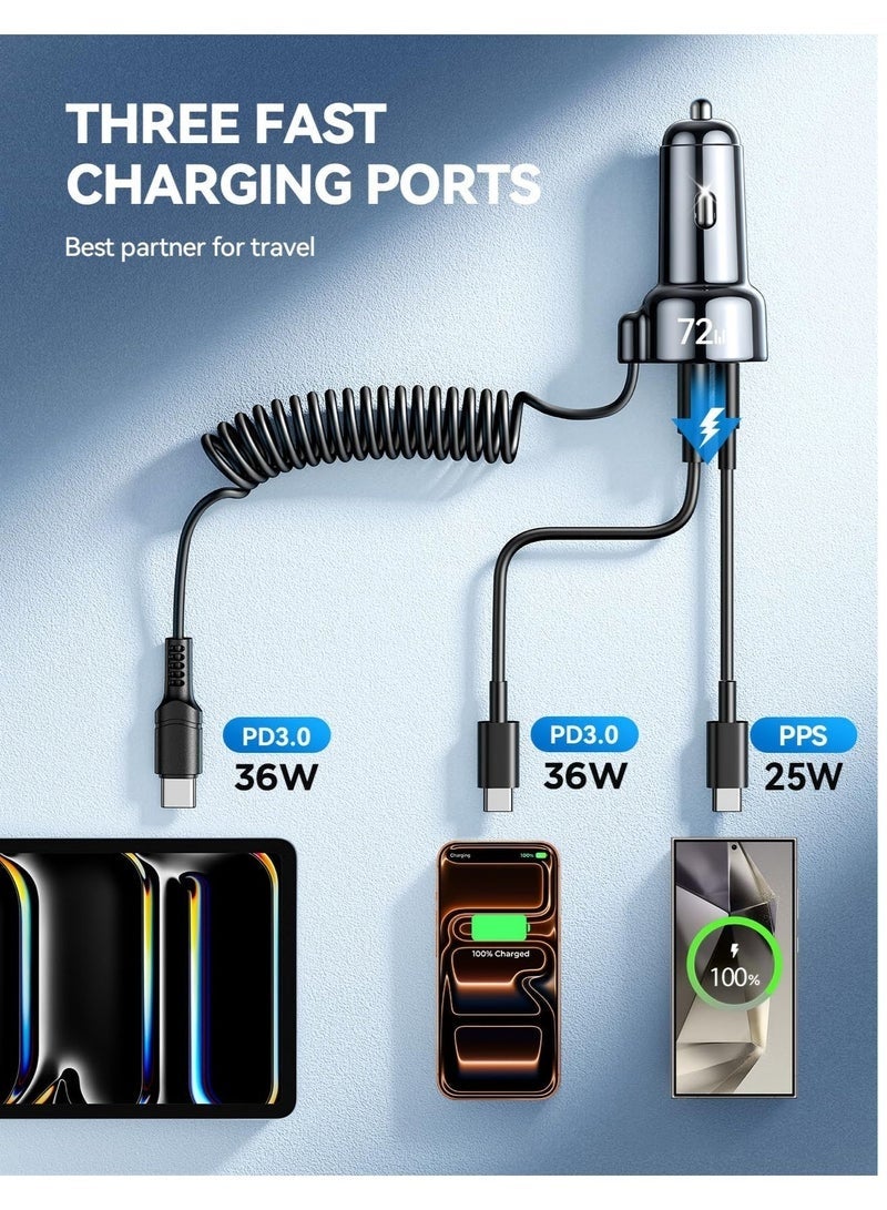 Arabest USB-C Car Charger, 72W Max Ultra-Compact Type-C Fast Car Charger with Built-In Retractable Cable Car Adapter for iPhone 17/16 Series, Samsung S24/S23, MacBookPro/Air, iPad, and More - Image 2