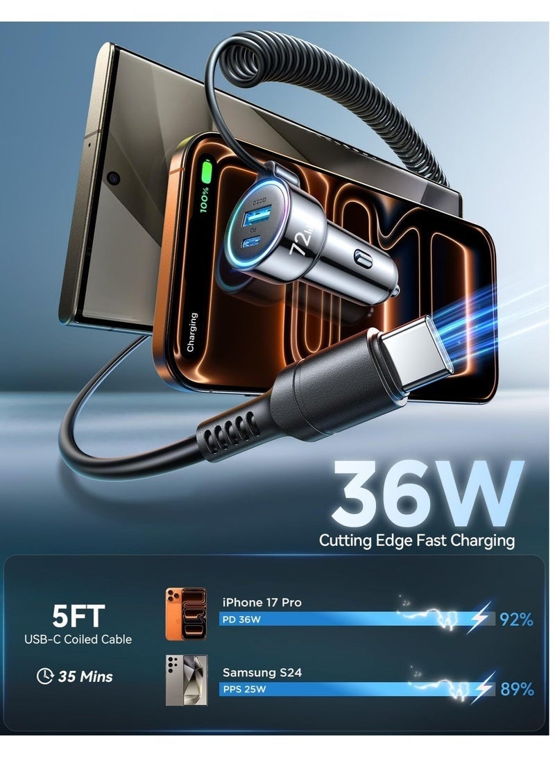 Arabest USB-C Car Charger, 72W Max Ultra-Compact Type-C Fast Car Charger with Built-In Retractable Cable Car Adapter for iPhone 17/16 Series, Samsung S24/S23, MacBookPro/Air, iPad, and More - Image 3