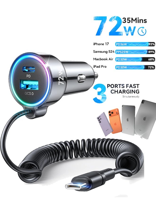 Arabest USB-C Car Charger, 72W Max Ultra-Compact Type-C Fast Car Charger with Built-In Retractable Cable Car Adapter for iPhone 17/16 Series, Samsung S24/S23, MacBookPro/Air, iPad, and More - Image 1