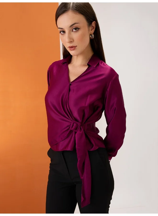 globus Women Burgundy Solid Shirt Collar Cuffed Sleeves Twisted Buckle Detail Shirt Style Party Top