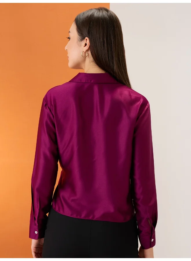globus Women Burgundy Solid Shirt Collar Cuffed Sleeves Twisted Buckle Detail Shirt Style Party Top