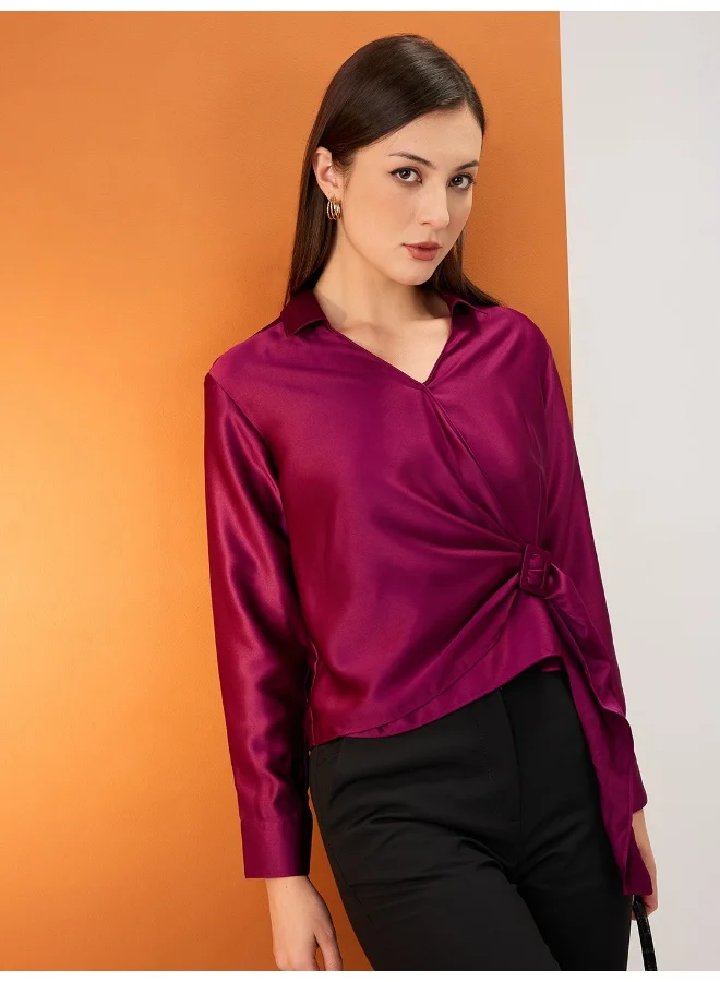 globus Women Burgundy Solid Shirt Collar Cuffed Sleeves Twisted Buckle Detail Shirt Style Party Top