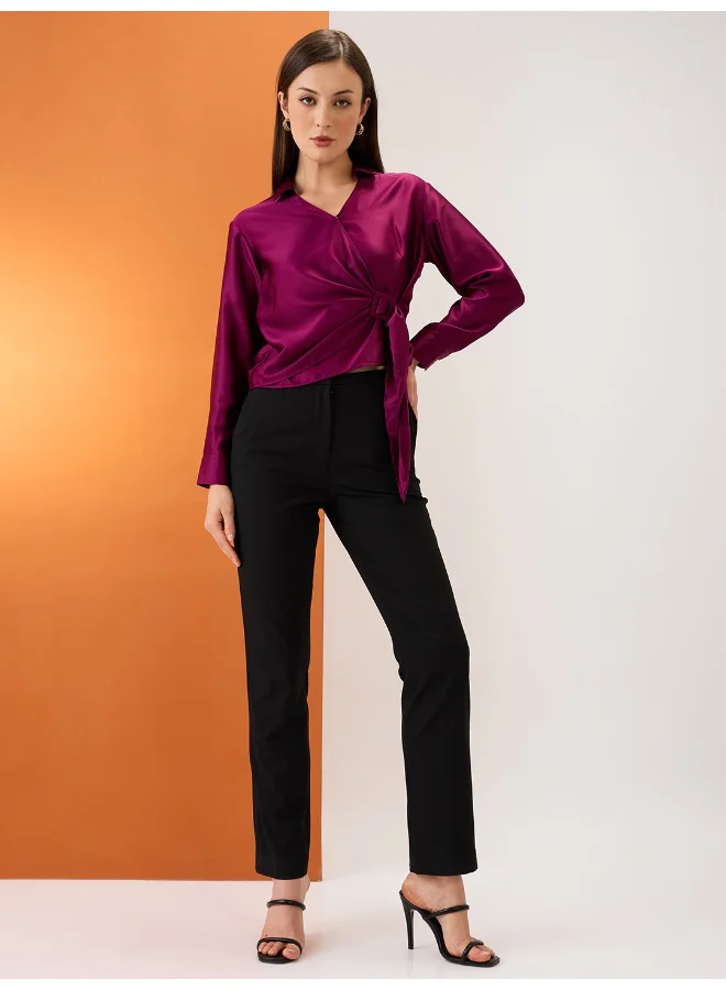 globus Women Burgundy Solid Shirt Collar Cuffed Sleeves Twisted Buckle Detail Shirt Style Party Top