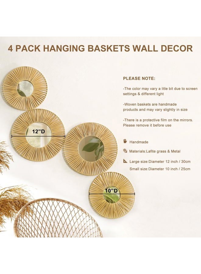 Artilady 4 Pack Hanging Baskets Wall Art - Decorative Woven Lafite Basket Boho Wall Hanging, Rustic Round Mirrors Natural Coastal Home Decor Set for Bedroom Living Room Nursery - Image 4