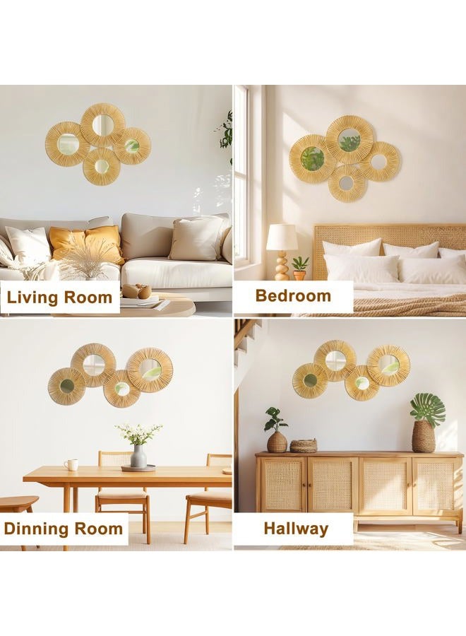 Artilady 4 Pack Hanging Baskets Wall Art - Decorative Woven Lafite Basket Boho Wall Hanging, Rustic Round Mirrors Natural Coastal Home Decor Set for Bedroom Living Room Nursery - Image 5