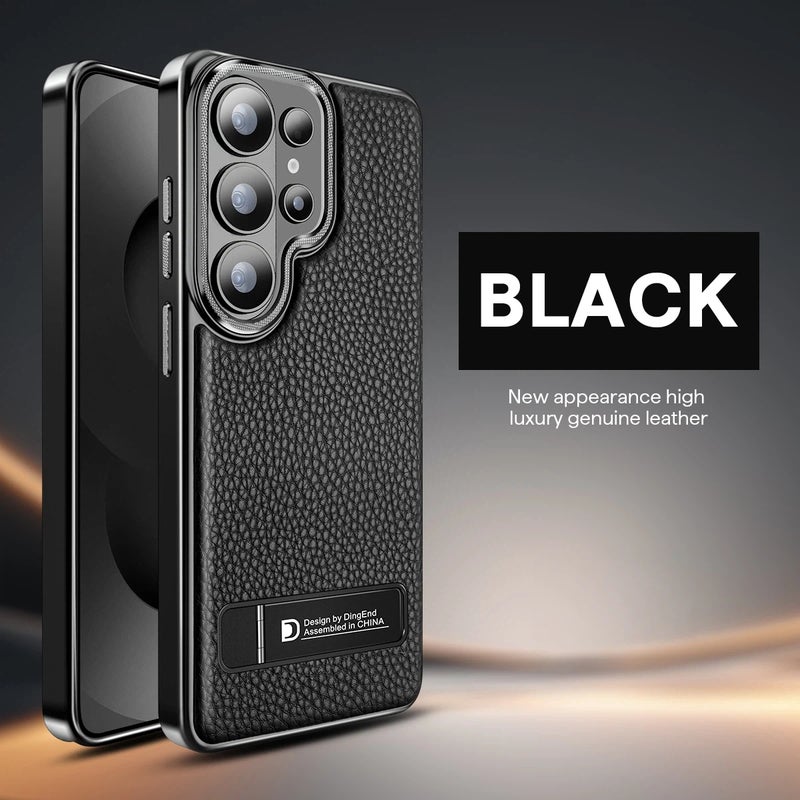 Luxury Genuine Leather Phone Case For Samsung Galaxy S23/S24/S25/S26 Plus Ultra Electroplated Frame Shockproof Cover (Black) - Image 1