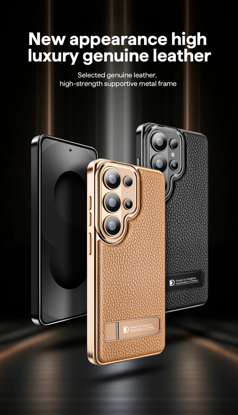 Luxury Genuine Leather Phone Case For Samsung Galaxy S23/S24/S25/S26 Plus Ultra Electroplated Frame Shockproof Cover (Black) - Image 5
