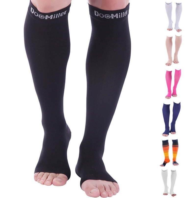 Doc Miller Open Toe Compression Socks 815 mmHg Toeless Support Circulation Shin Splints Calf Recovery Varicose Veins Knee High Medical Grade Black Socks 2XLarge Size for Men Women Pair
