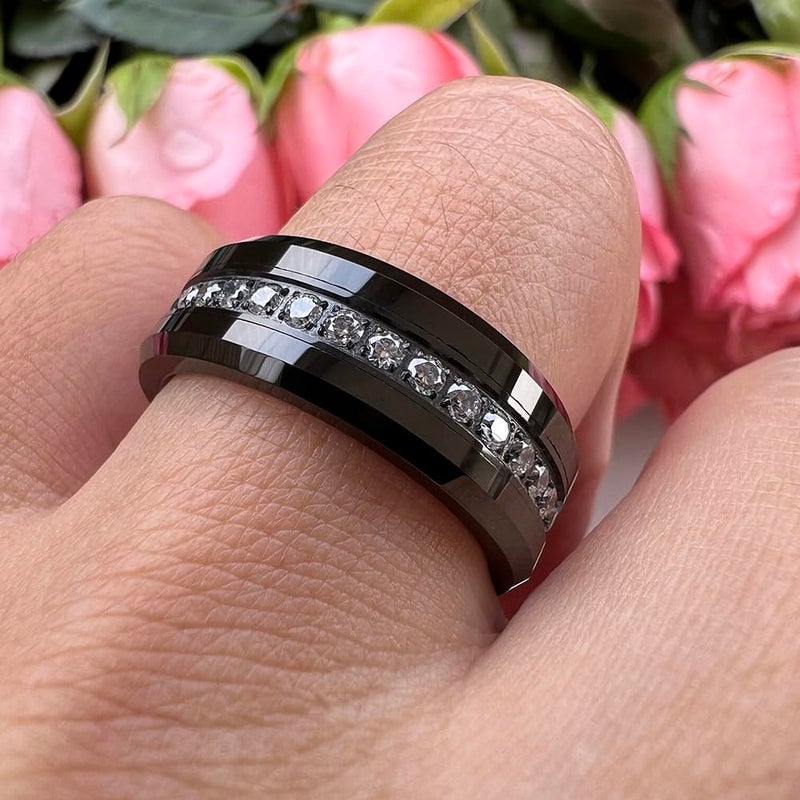 TUTISS 8mm Black Tungsten Rings for Men Women Couple Eternity Anniversary Engagement Wedding Bands Fashion Jewelry CZ Stone Inlay Beveled Polished Shiny Comfort Fit Size 9 - Image 5