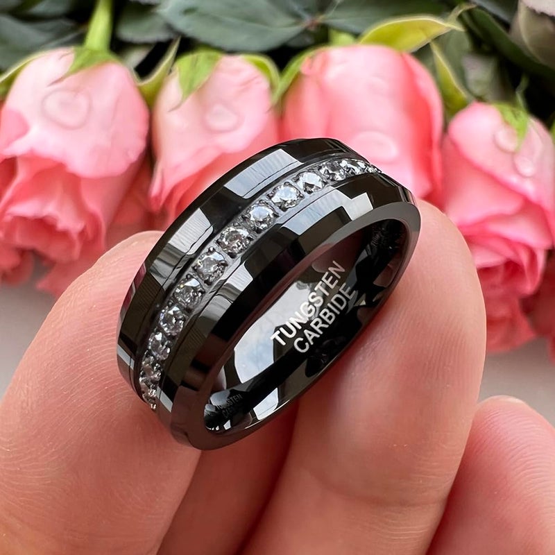TUTISS 8mm Black Tungsten Rings for Men Women Couple Eternity Anniversary Engagement Wedding Bands Fashion Jewelry CZ Stone Inlay Beveled Polished Shiny Comfort Fit Size 9 - Image 4