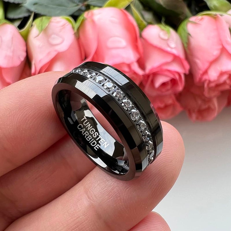 TUTISS 8mm Black Tungsten Rings for Men Women Couple Eternity Anniversary Engagement Wedding Bands Fashion Jewelry CZ Stone Inlay Beveled Polished Shiny Comfort Fit Size 9 - Image 2