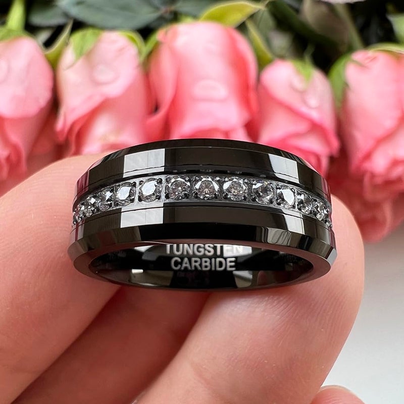 TUTISS 8mm Black Tungsten Rings for Men Women Couple Eternity Anniversary Engagement Wedding Bands Fashion Jewelry CZ Stone Inlay Beveled Polished Shiny Comfort Fit Size 9 - Image 3