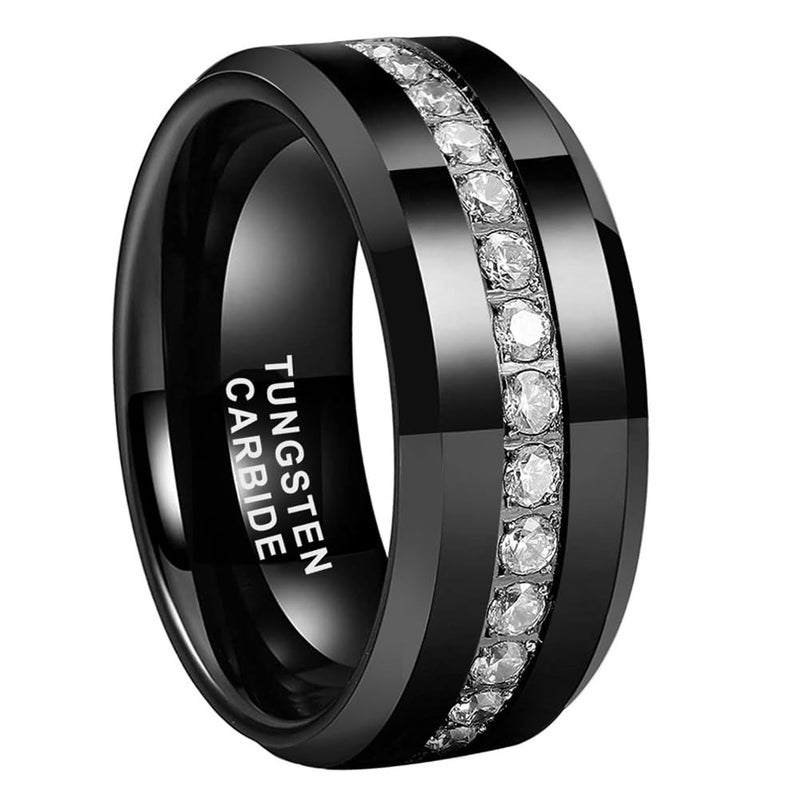 TUTISS 8mm Black Tungsten Rings for Men Women Couple Eternity Anniversary Engagement Wedding Bands Fashion Jewelry CZ Stone Inlay Beveled Polished Shiny Comfort Fit Size 9 - Image 1