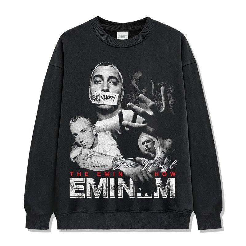 Eminem مطبوعة أسلوب شارع الهيب هوب الأكمام الطويلة الأكمام القصيرة القديمة غسلت الموضة القديمة العلامة التجارية تي شيرت - Image 1