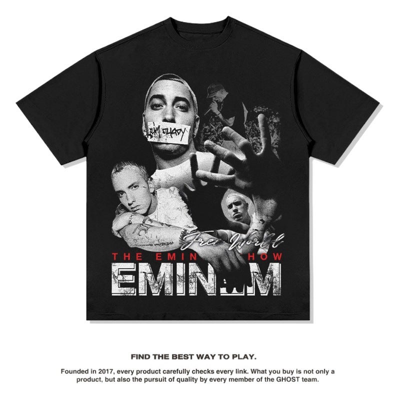 Eminem مطبوعة أسلوب شارع الهيب هوب الأكمام الطويلة الأكمام القصيرة القديمة غسلت الموضة القديمة العلامة التجارية تي شيرت - Image 2