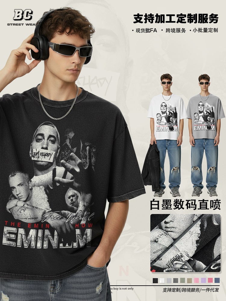 Eminem مطبوعة أسلوب شارع الهيب هوب الأكمام الطويلة الأكمام القصيرة القديمة غسلت الموضة القديمة العلامة التجارية تي شيرت - Image 3