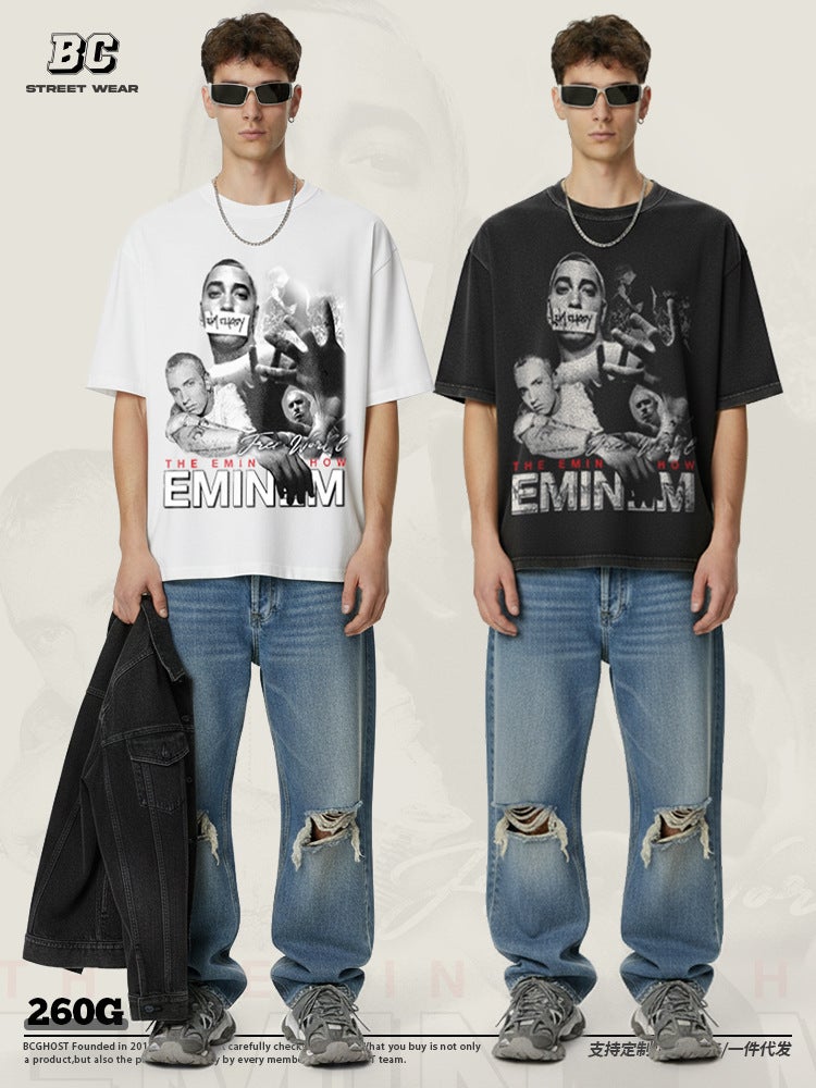Eminem مطبوعة أسلوب شارع الهيب هوب الأكمام الطويلة الأكمام القصيرة القديمة غسلت الموضة القديمة العلامة التجارية تي شيرت - Image 4