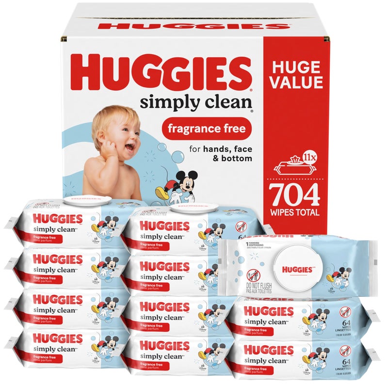 Huggies Simply Clean Unscented Baby Diaper Wipes, 11 Flip-Top Packs (704 Wipes Total), Packaging May Vary - Image 1