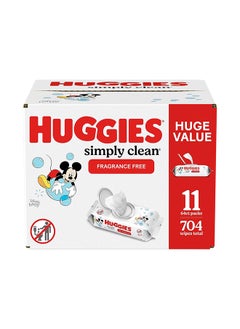 Huggies Simply Clean Fragrance-Free Baby Wipes, Unscented Diaper Wipes, 11 Flip-Top Packs (704 Wipes Total)