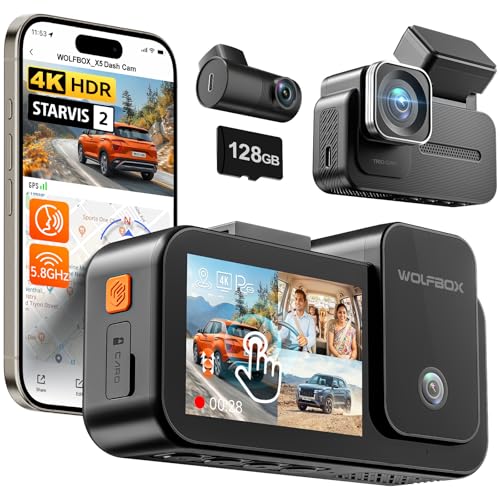 WOLFBOX X5 3 Channel Dash Cam for Car, 4K + 2.5K + 1080P Front and Rear Inside Dash Cam with 5.8GHz WiFi GPS, 8MP STARVIS 2 IMX678, HDR, 128GB Card Included, Touchscreen, Voice Control, Supports 512GB - Image 1