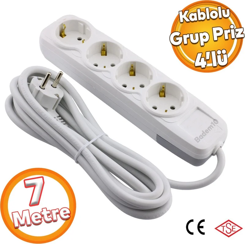 Badem10 Cable 4-Piece Grounded Group Socket Plug Multiplier 7 Meters Multiple Extension Cable Without Switch