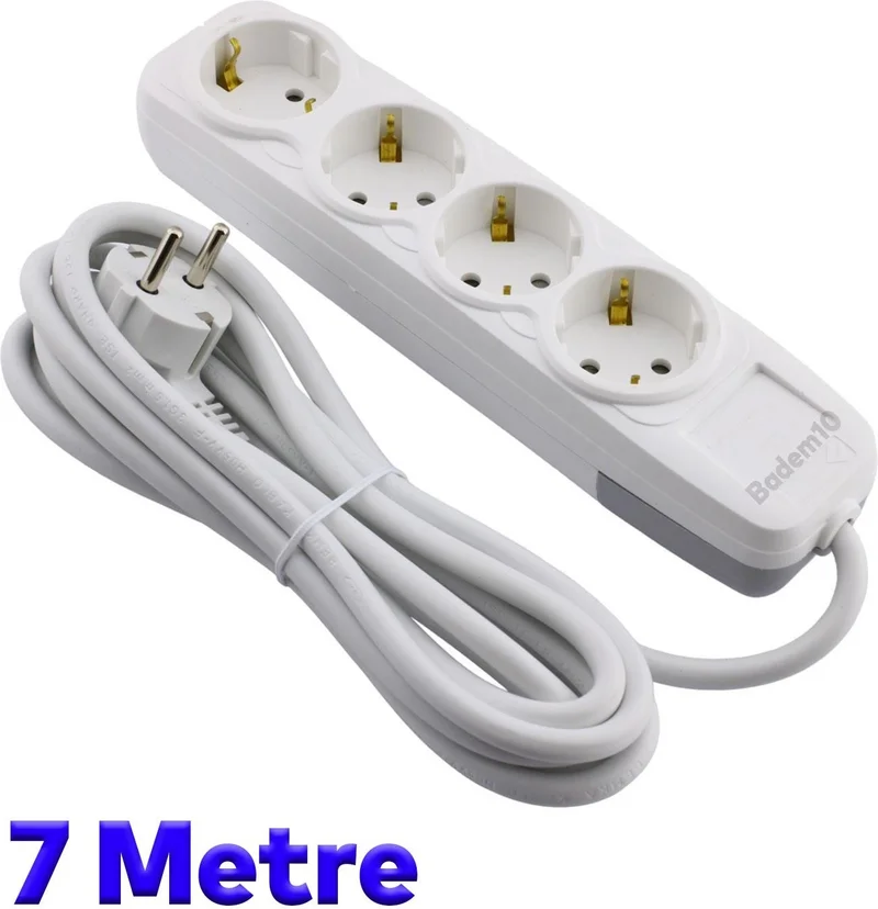 Badem10 Cable 4-Piece Grounded Group Socket Plug Multiplier 7 Meters Multiple Extension Cable Without Switch