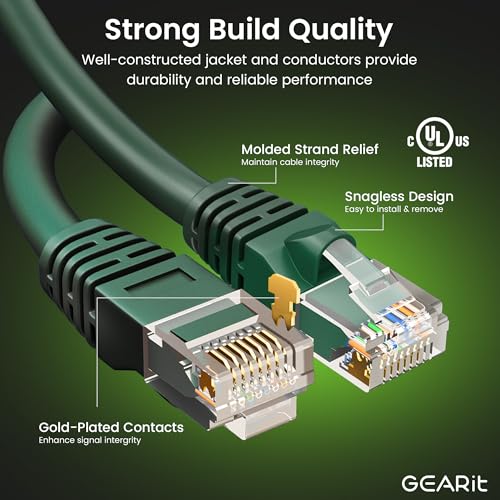 GearIT Cat 6 Ethernet Cable (10-Pack 6 Feet) Cat6 Network Patch, 10Gbps, RJ45, Snagless Cord, Gold-Plated Connectors, Internet for PC, TV, Tablet, Router, Printer, Servers, IT Data Center - Green - Image 2